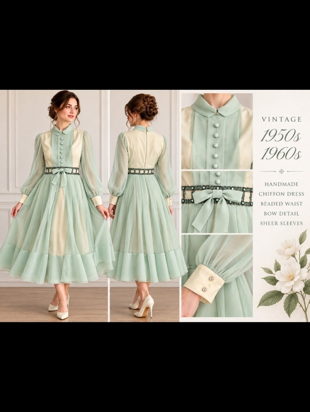 Vintage 1950s 1960s Handmade Mint Green Chiffon Dress Beaded Waist Bow Seafoam